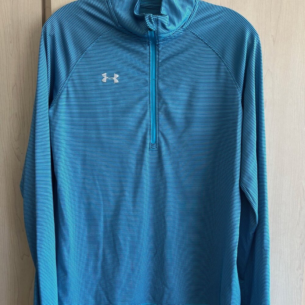 Women's Under Armour 1/4 Zip Striped Pullover Loose HeatGear Medium Blue Black